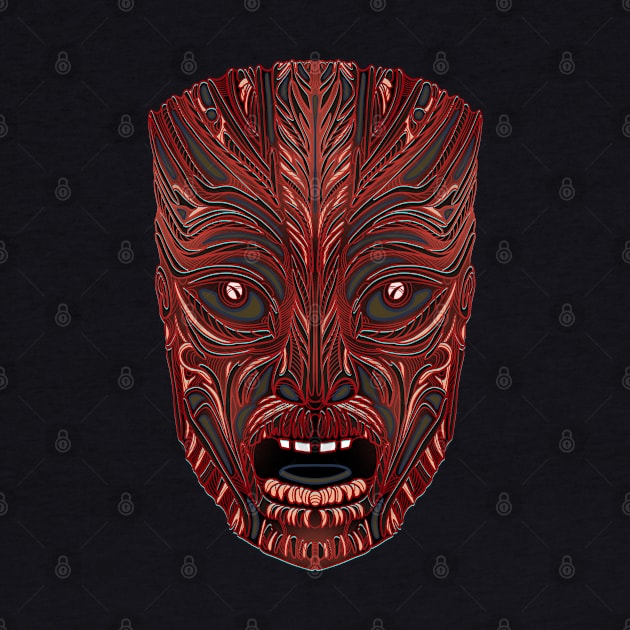 Red Tiki face mask line drawing by DaveDanchuk